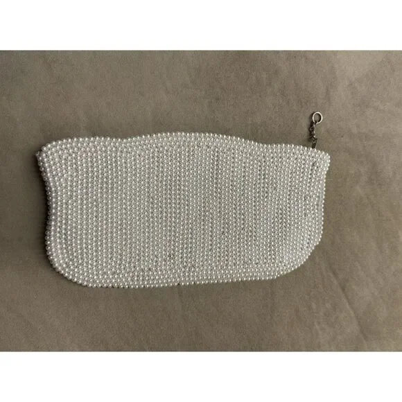 Antique Hand Beaded Pearl Evening Bag Cream Clutch w/Beaded Accents Zipper Close - Picture 4 of 11